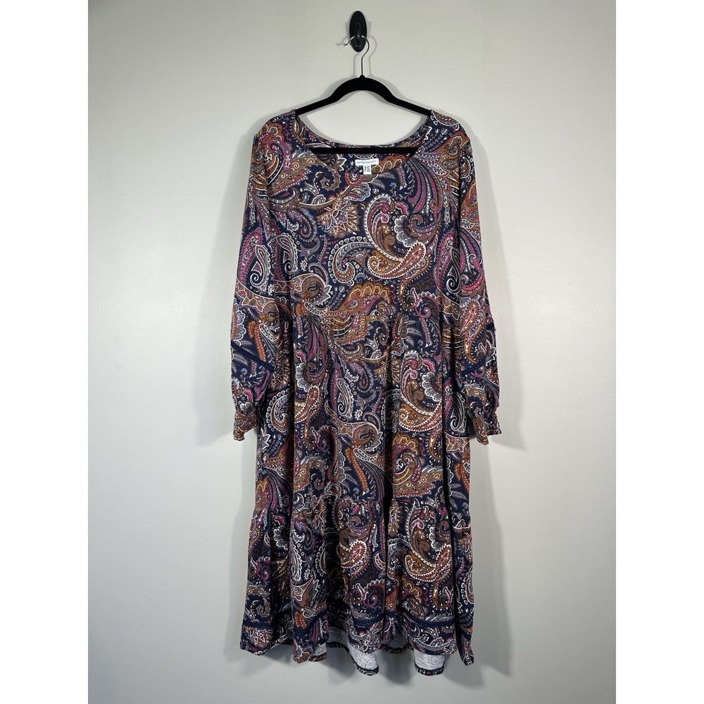 Denim & Co Canyon Retreat Dress 2X Petite Paisley Knit Boho Peasant Tiered Midi
